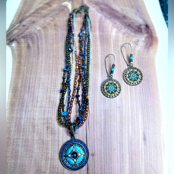 Multistrand Beaded Medallion Earthy Boho Necklace and Earring Set - Picture 1 of 8